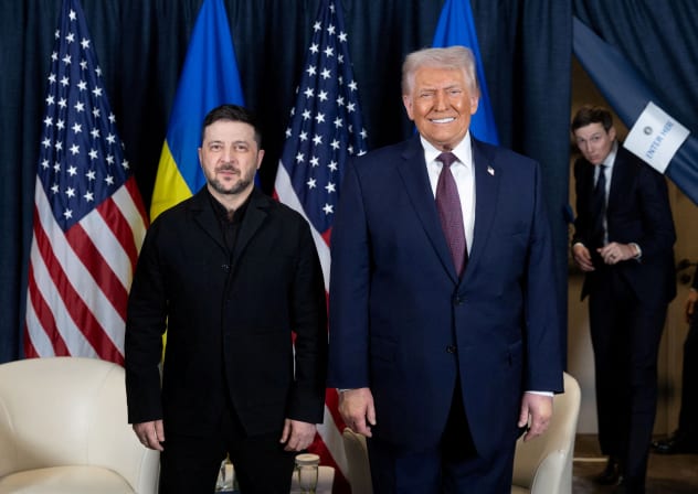 Ukraine's President Volodymyr Zelensky and US President Donald Trump pose for a picture during their meeting at the sidelines of the 56th annual World Economic Forum (WEF), in Davos, Switzerland, January 22, 2026. 