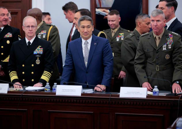 Acting Secretary of the Navy Hung Cao and Commandant of the Marine Corps General Eric Smith prepare to testify before the House Appropriations Subcommittee on Defense about the Navy's FY2027 budget at the U.S. Capitol on May 12, 2026.