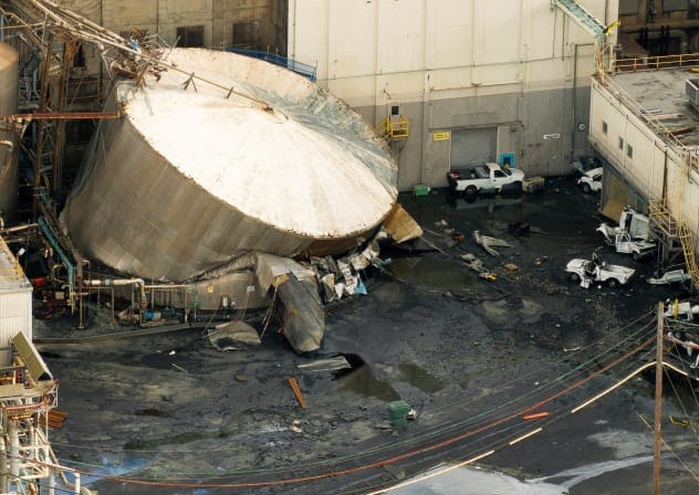 A drone view of a chemical tank after its rupture at the Nippon Dynawave Packaging pulp and paper mill in Longview, Washington, US, May 26, 2026.