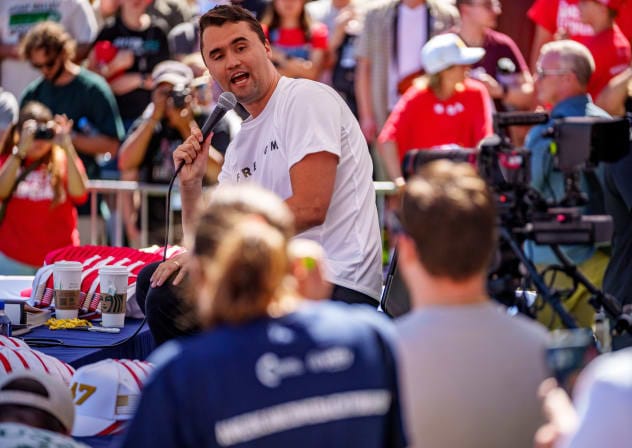 Charlie Kirk speaks at Utah Valley University on September 10, 2025 in Orem, Utah. Kirk, founder of Turning Point USA, was speaking at his "American Comeback Tour" when he was shot in the neck and killed. 