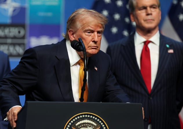 US President Donald Trump reacts as he speaks to the media with US Treasury Secretary Scott Bessent behind him, on the day of a NATO leaders' summit in Ankara, Turkey, July 8, 2026.