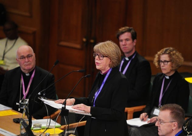 Archbishop Sarah Mullally addresses the Church of England General Synod at The Church House on February 10, 2026 in London, England; illustrative
