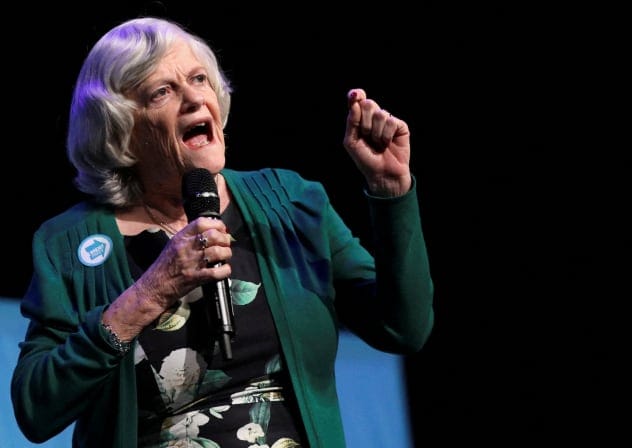 Former Conservative Party MP Ann Widdecombe speaks during a rally of the Brexit Party in Peterborough, Britain May 7, 2019. 