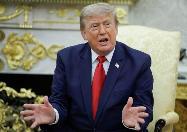 US President Donald Trump gestures as he participates in a bilateral meeting with Iraqi Prime Minister Ali al-Zaidi (not pictured) in the Oval Office at the White House in Washington, DC, US, July 14, 2026