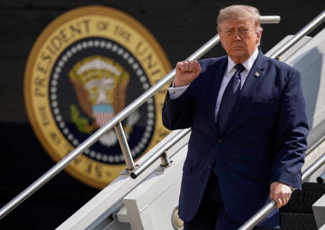 US President Donald Trump gestures as he disembarks the new Qatari-gifted Air Force One, while he arrives at John F. Kennedy International Airport in New York City, US, July 17, 2026.
