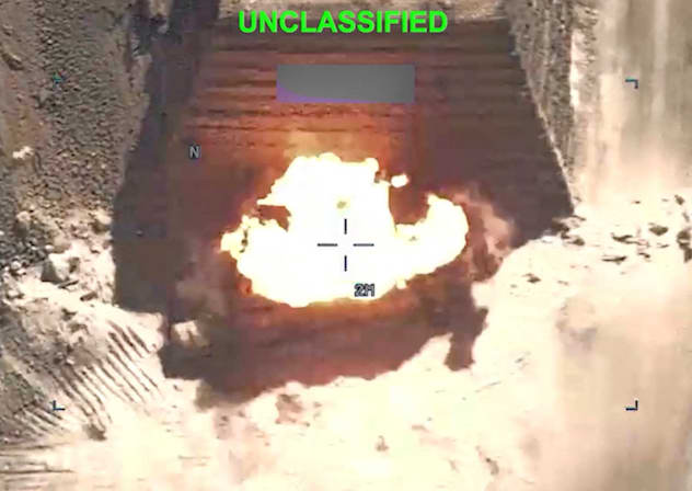 An explosion at an unknown location, during what U.S. Central Command (CENTCOM) says are strikes on Iran, in this screengrab taken from a handout video released on July 20, 2026. 