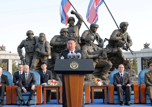 North Korean leader Kim Jong Un speaks during the opening ceremony of the Memorial Museum of Combat Feats at the Overseas Military Operations honouring North Korean troops killed while fighting for Russia in the war against Ukraine, in Pyongyang, North Korea, April 26, 2026.