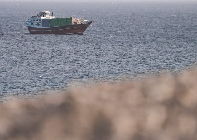 A vessel in the Strait of Hormuz, as seen from Musandam,Oman, July 16, 2026.