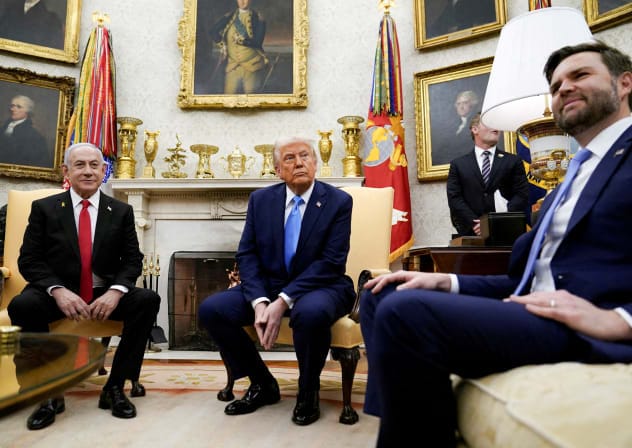 U.S. President Donald Trump and U.S. Vice President JD Vance meet Israeli Prime Minister Benjamin Netanyahu at the White House in Washington, U.S., February 4, 2025. 