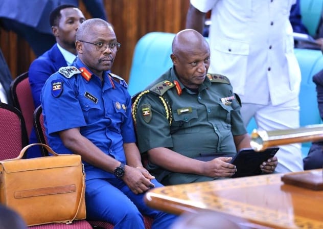Maj. Gen. Gonyi (L) and Maj. Gen. Masiko, UPDF representatives in the House defended the Gaza deployment.