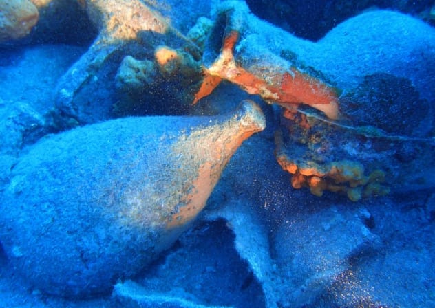 Amphorae from the late 5th and early 4th centuries BCE, discovered off the coast of the island of Andros, August 26, 2026.