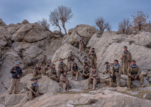 A group of young male and female Peshmergas belonging to the Democratic Party of Iranian Kurdistan (PDKI), near one of their bases in the mountains of the Kurdistan Region of Iraq, 35 miles from the Iranian border, on January 17, 2026. 