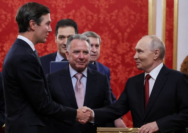 Russian President Vladimir Putin shakes hands with Jared Kushner, U.S. President Donald Trump's son-in-law, as U.S. Special Envoy Steve Witkoff stands nearby during a meeting at the Kremlin in Moscow, Russia, September 5, 2026.