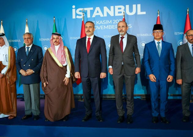 Foreign ministers of Saudi Arabia, Turkey, Qatar, the UAE, Pakistan, Jordan and Indonesia before their meeting on Gaza, in Istanbul, Turkey, November 3, 2025.