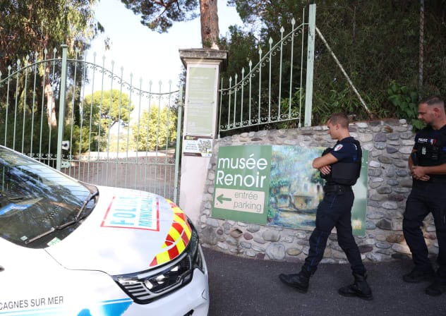Police officers patrol in front of the entrance of the Musee Renoir after four paintings, together valued at nine million euros, were stolen in an early-morning break-in, with two recovered in the museum's garden and two still missing, in Cagnes-sur-Mer on September 8, 2026.