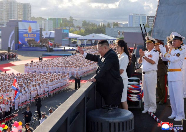 Korean leader Kim Jong Un, accompanied by his daughter Kim Ju Ae, attends the commissioning ceremony of the destroyer "Kang Kon", at Wonsan Port, North Korea, September 6, 2026 in this picture released by North Korea's official Korean Central News Agency.