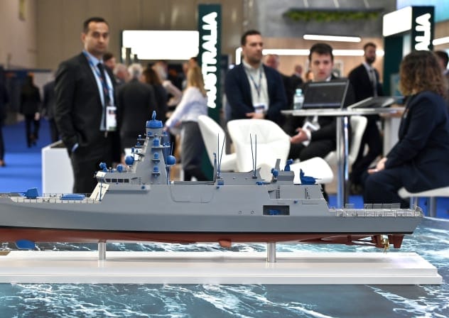 Aselsan display a model of TCG Istanbul (F-515) Istanbul-class frigate during the UDT, Undersea Defence Technology 2026 at ExCel London on April 14, 2026 in London, England.