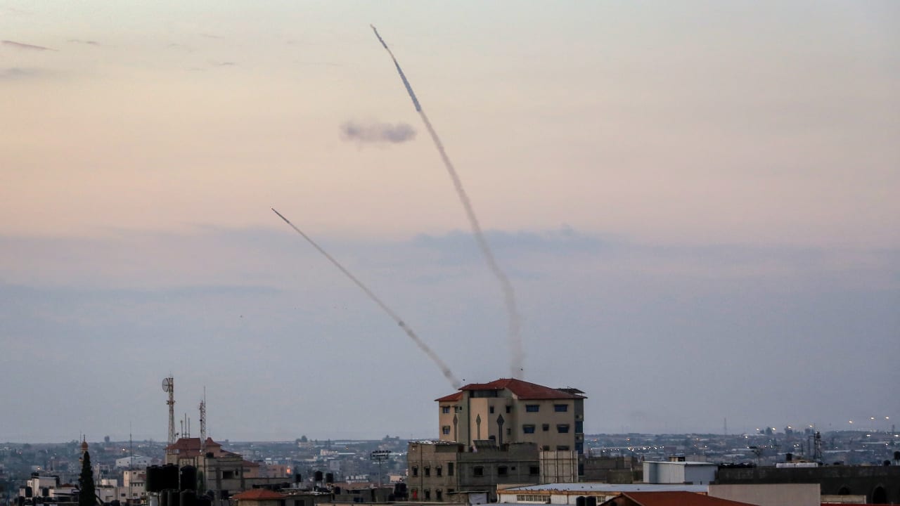  Hamas fires a large number of rockets towards Israel in the city of Rafah in the southern Gaza Strip, October 7, 2023. 