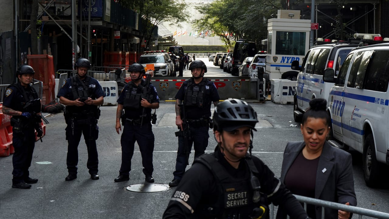 A US Secret Service agent exits a roadblock manned by NYPD officers near United Nations headquarters, during the 80th United Nations General Assembly in New York City, US, September 23, 2025.