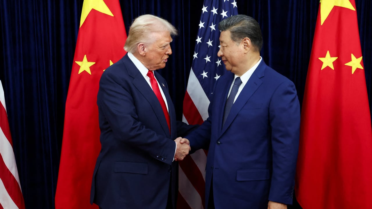 US President Donald Trump shakes hands with Chinese President Xi Jinping as they hold a bilateral meeting at Gimhae International Airport, on the sidelines of the Asia-Pacific Economic Cooperation (APEC) summit, in Busan, South Korea, October 30, 2025.