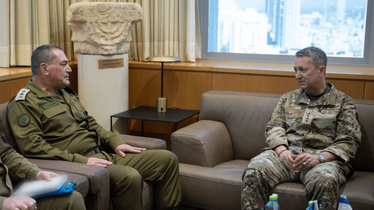 IDF Chief of Staff Lt.-Gen. Eyal Zamir meets with US Chairman of the Joint Chiefs of Staff General Dan Caine at the IDF's Kirya headquarters in Tel Aviv, November 1, 2025.