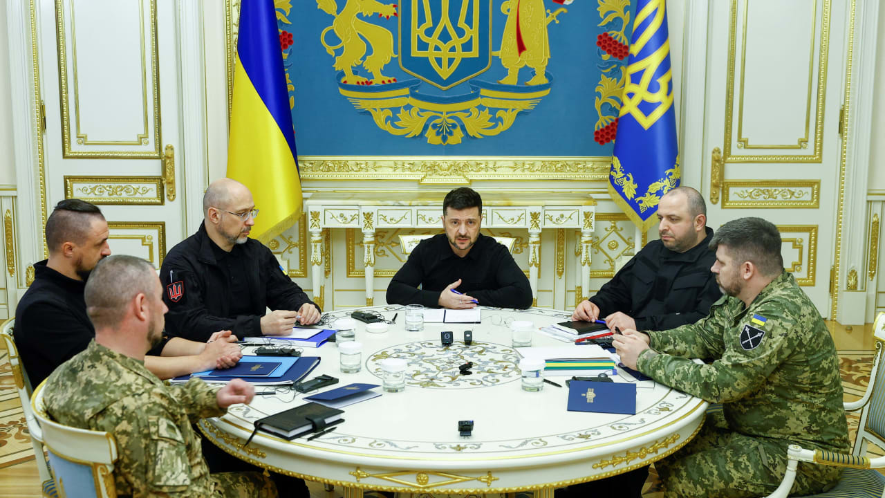 Ukraine's President Volodymyr Zelensky during a meeting with Defence Minister Denys Shmyhal, Secretary of Ukraine's National Security and Defence Council Rustem Umerov, and other officials, amid Russia's attack on Ukraine, in Kyiv, Ukraine November 7, 2025. 