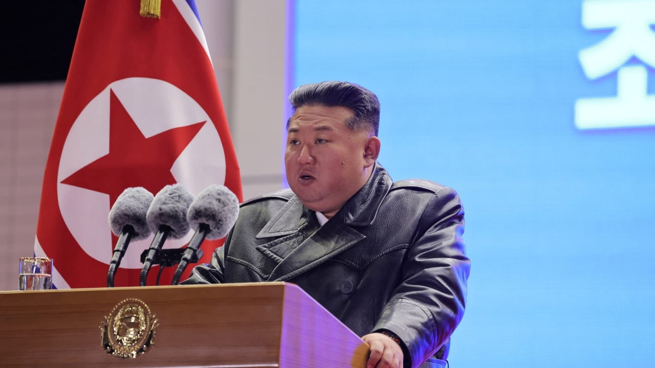North Korean leader Kim Jong Un delivers a speech during an event to celebrate the Air Force's 80th anniversary, at the Kalma Airfield, in Wonsan, North Korea, November 28, 2025, in this picture released by North Korea's official Korean Central News Agency November 30, 2025.