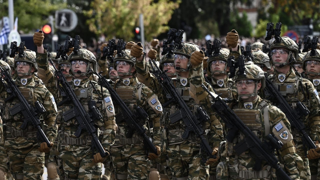 Greek army soldiers march during a military parade to mark the national "Oxi" (No) Day in Thessaloniki on October 28, 2025, commemorating Greece's refusal to accept the ultimatum given by fascist Italy in 1940 during World War II; illustrative.