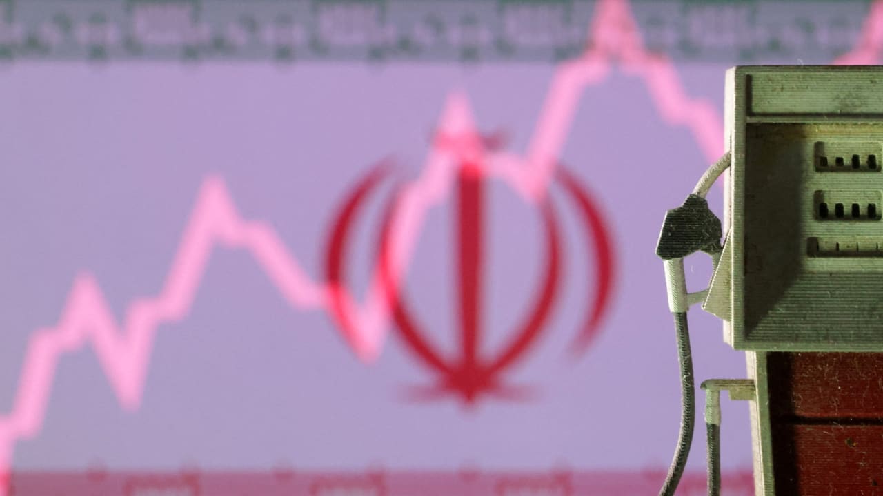 Iranian flag overlayed with a rising stock graph and 3D printed gas pump miniature are seen in this illustration taken June 23, 2025.