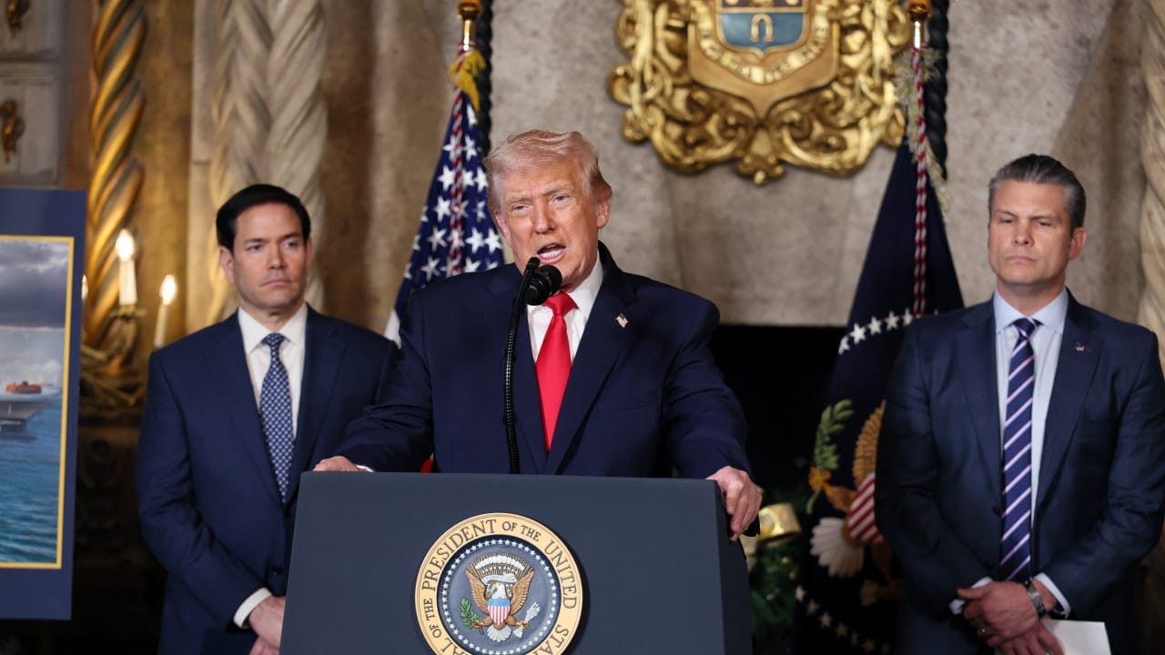 US President Donald Trump makes an announcement about the Navy's "Golden Fleet", as Secretary of State Marco Rubio and Secretary of Defense Pete Hegseth listen, at Mar-a-lago in Palm Beach, Florida, US, December 22, 2025.