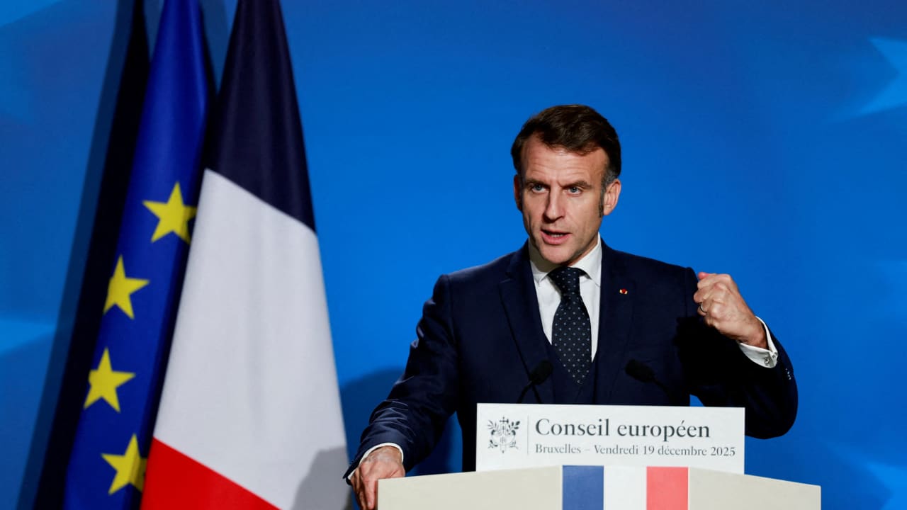 French President Emmanuel Macron holds a press conference during a European Union leaders' summit, in Brussels, Belgium December 19, 2025.