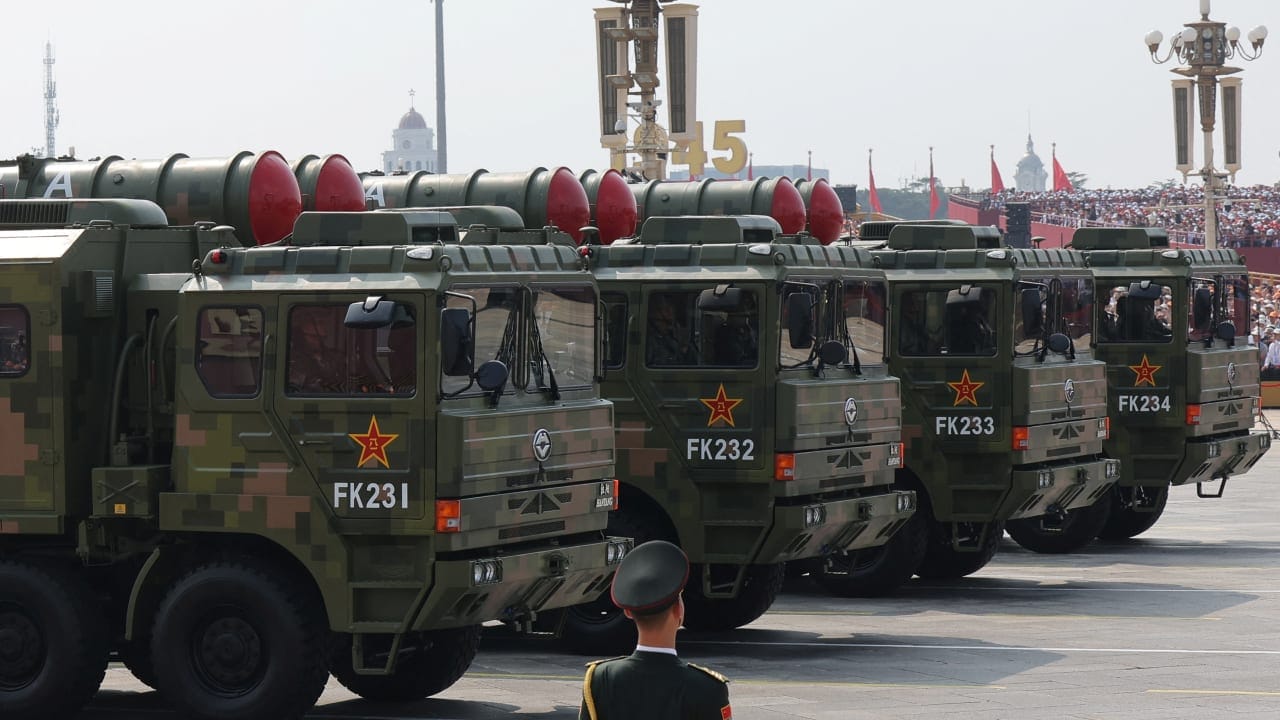 A soldier stands guard as the air and missile defense group displays the HQ-22A missile defense systems during a military parade to mark the 80th anniversary of the end of World War Two, in Beijing, China, September 3, 2025.