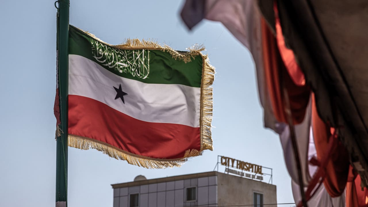 The flag of Somaliland is seen during a campaign rally of the main opposition party Waddani in Hargeisa on November 8, 2024, ahead of the 2024 Somaliland presidential election.