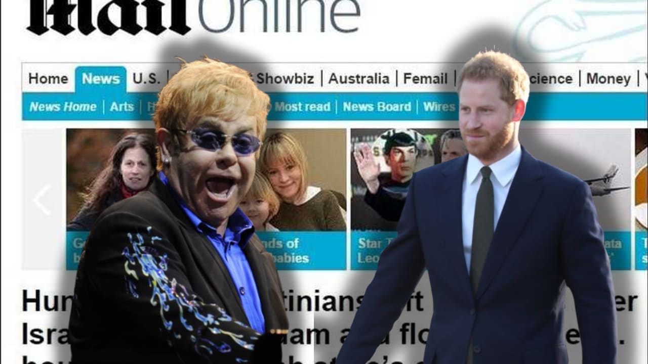 Elton John (L), Prince Harry over a screenshot of the Daily Mail.