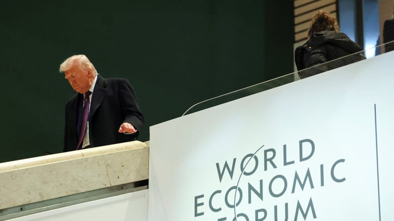 US President Donald Trump walks during the 56th annual World Economic Forum (WEF) meeting in Davos, Switzerland, January 22, 2026