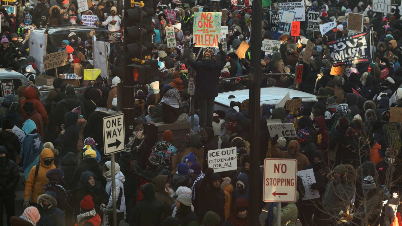 Demonstrators take part in a rally on the day of a general strike to protest U.S. President Donald Trump's deployment of thousands of immigration enforcement officers on the streets of Minneapolis, Minnesota, US, January 23, 2026