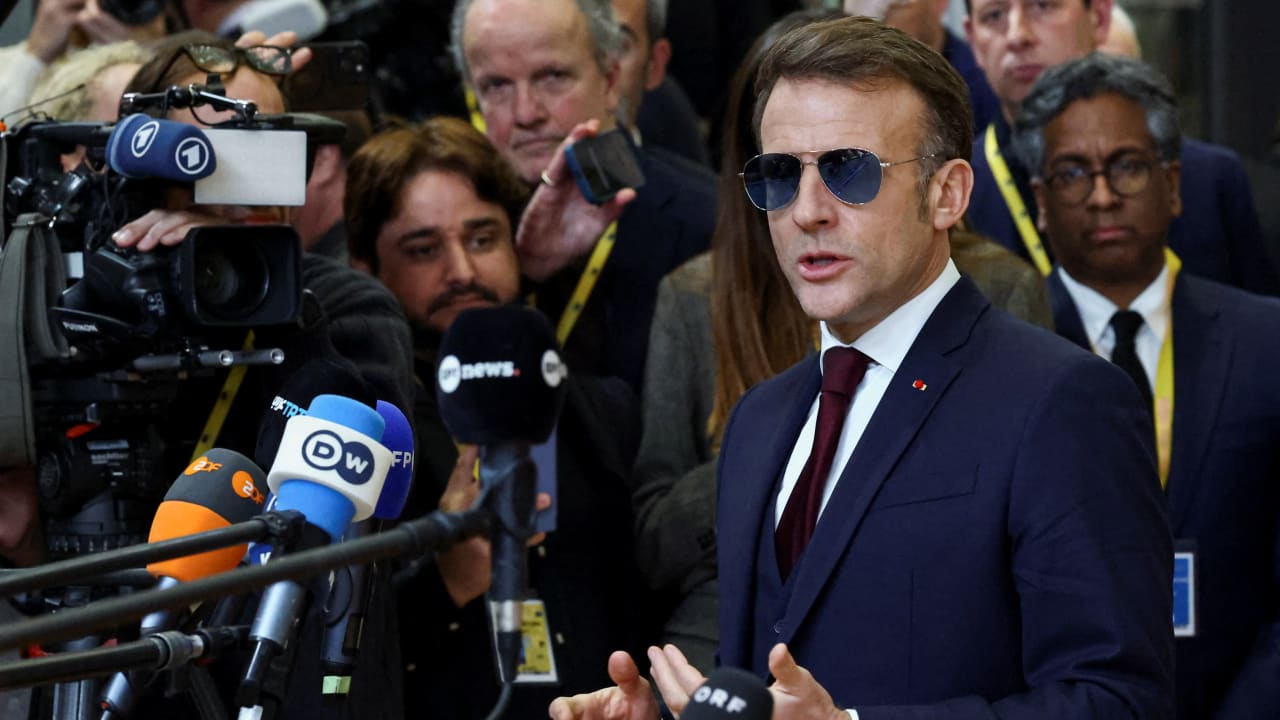 French President Emmanuel Macron speaks to the media ahead of a summit of EU leaders to discuss transatlantic relations following US President Donald Trump's threats to impose new tariffs on a list of EU countries over his demand to acquire Greenland, in Brussels, Belgium January 22, 2026.