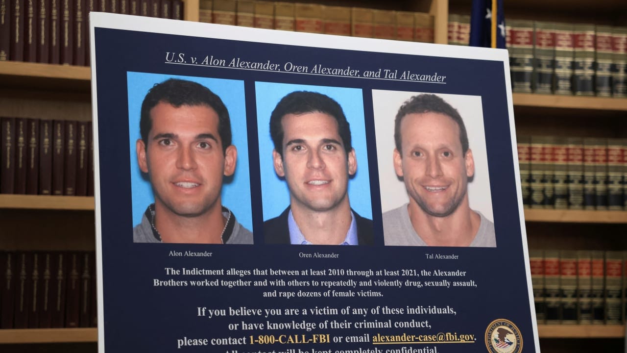 The pictures of the three high profile real estate agent brothers Alon Alexander, Oren Alexander, and Tal Alexander, on charges of sex trafficking and drugs, are displayed at 26 Federal Plaza in New York City, New York US, December 11, 2024.