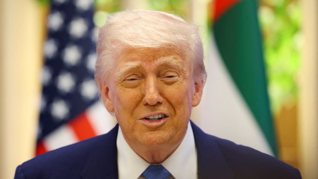 US President Donald Trump attends a business forum at Qasr Al Watan during the final stop of his Gulf visit, in Abu Dhabi, United Arab Emirates, May 16, 2025.
