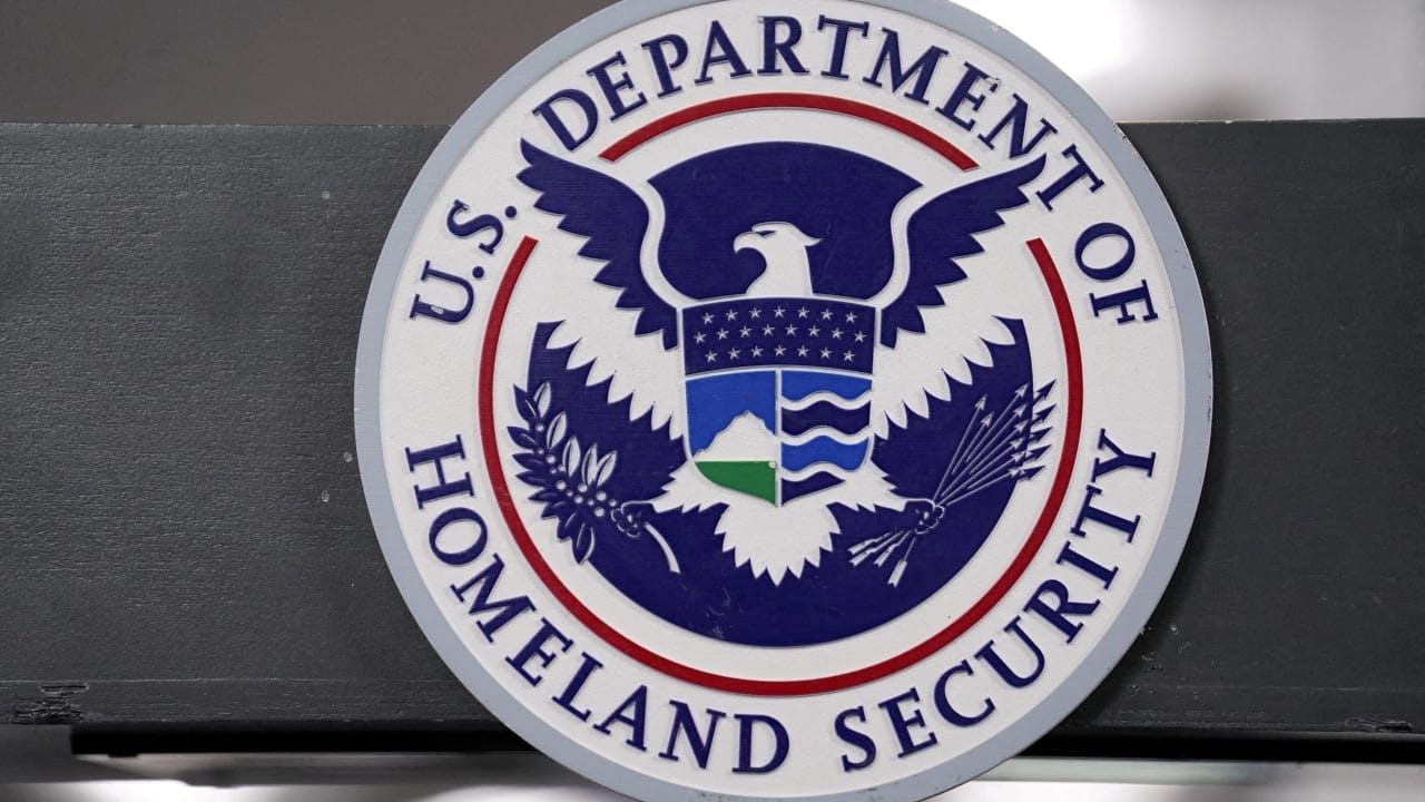 FILE PHOTO: The US Department of Homeland Security seal is displayed at the FEMA National Response Coordination Center in Washington, DC, January 24, 2026.