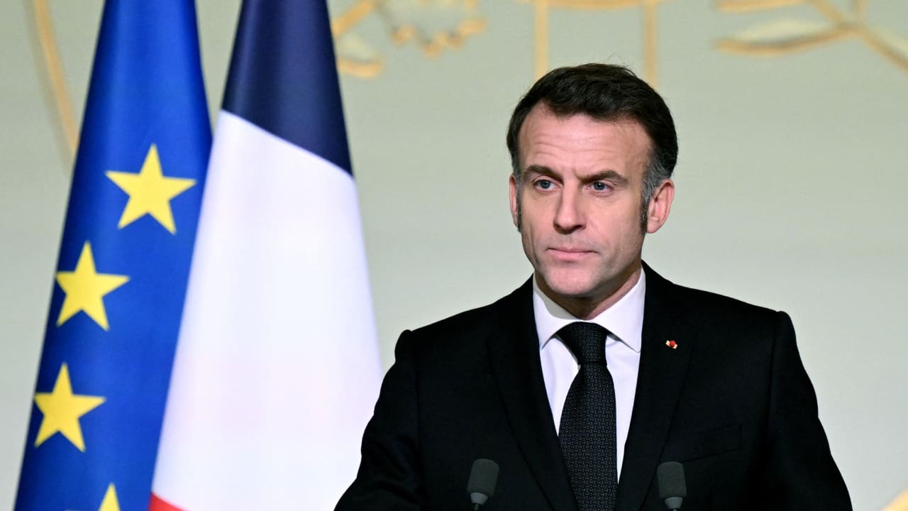 France's President Emmanuel Macron delivers a speech during a ceremony commemorating the 20th anniversary of the murder of Ilan Halimi, a 23-year-old French Jew who was tortured and murdered in 2006, at The Elysee Presidential Palace in Paris, France, February 13, 2026.