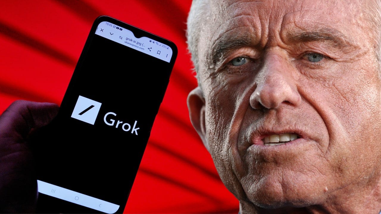 An illustration of Health and Human Services Secretary Robert F. Kennedy Jr. and a Grok AI application on a smartphone.