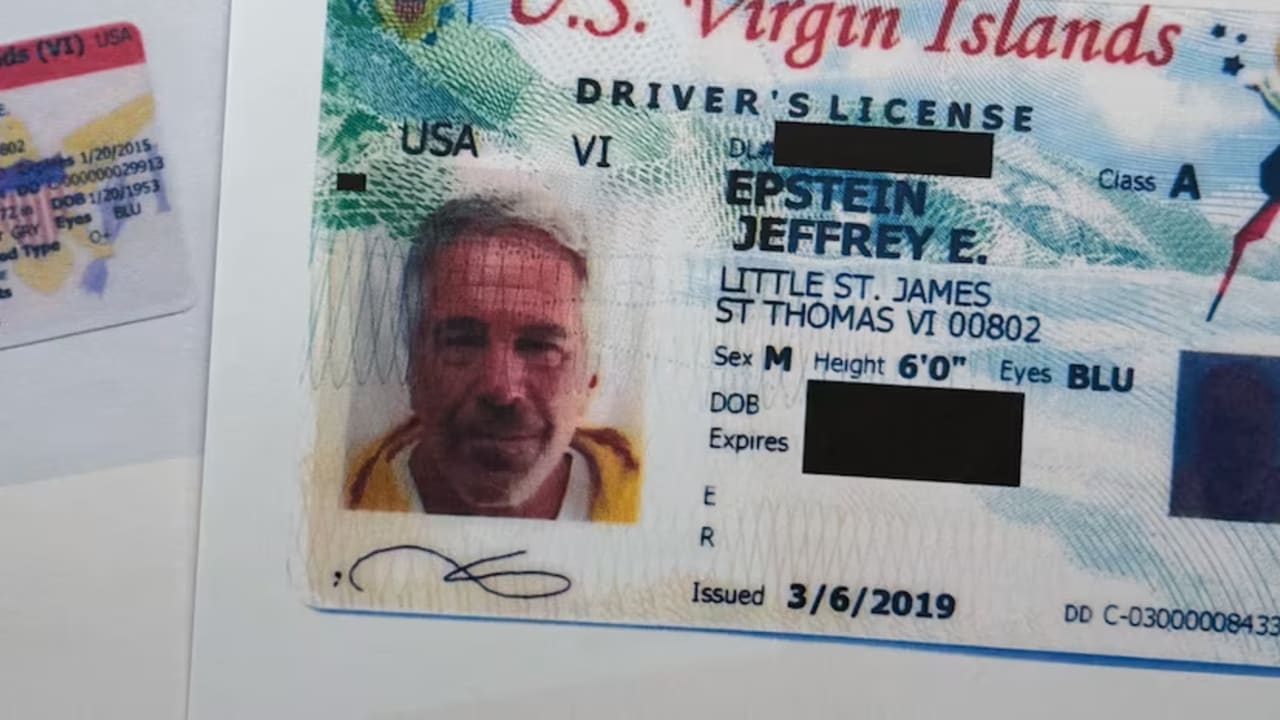 A partially redacted document that was included in the US Department of Justice release of the Jeffrey Epstein files, photographed Wednesday, February 4, 2026, shows a US Virgin Islands drivers license.