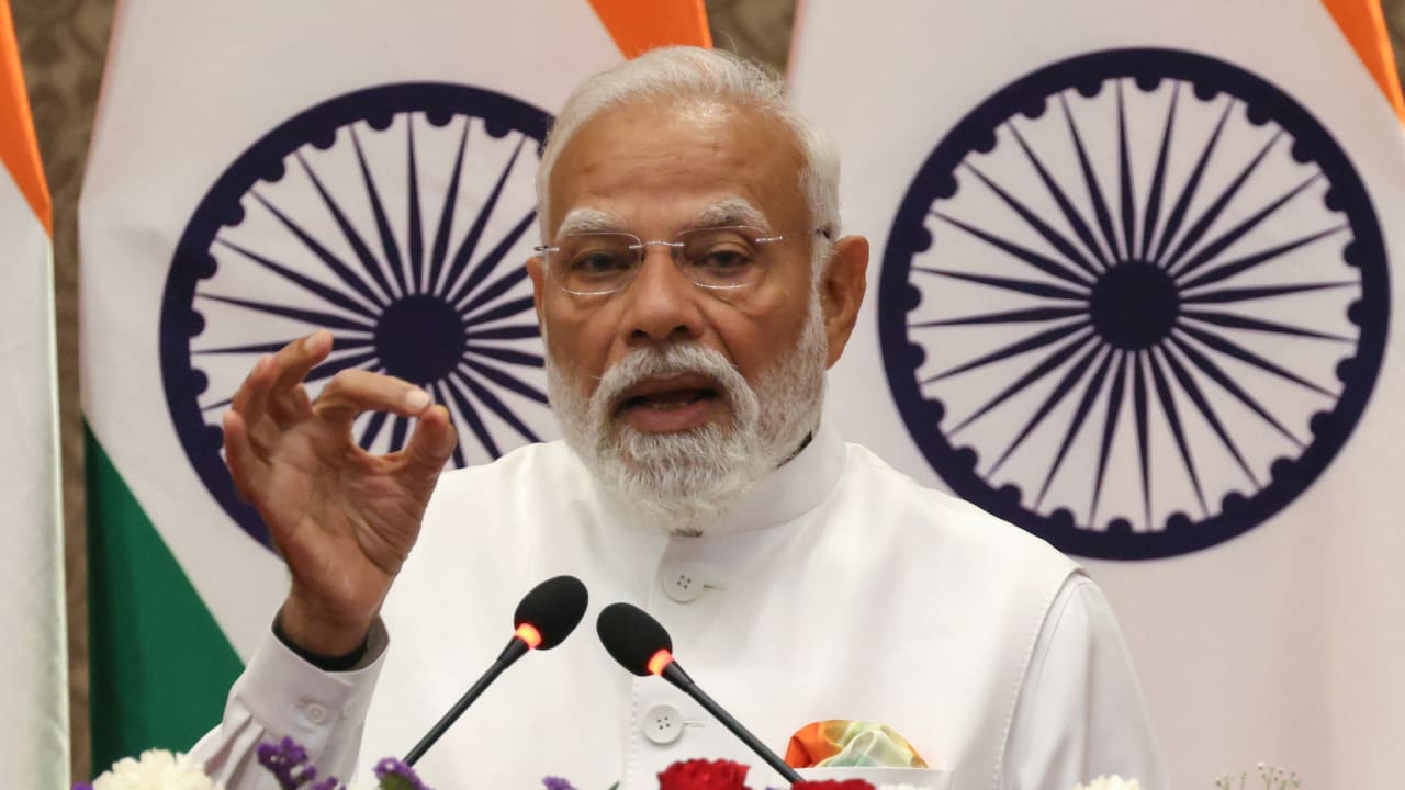 India's Prime Minister Narendra Modi speaks at a press event as he delivers joint declarations alongside France's President Emmanuel Macron in Mumbai on February 17, 2026; illustrative.