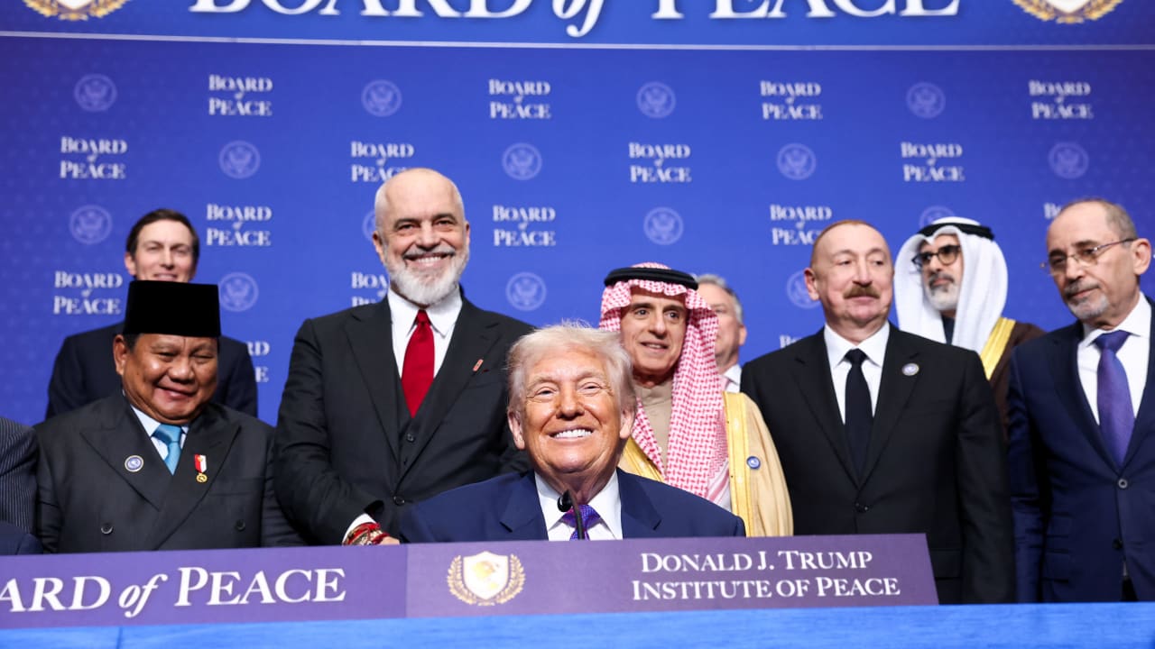US President Donald Trump, Indonesia’s President Prabowo Subianto, Albania’s PM Edi Rama, Saudi Foreign Minister Adel Al-Jubeir, Azerbaijani President Ilham Aliyev, and Jordan’s Foreign Minister Ayman Safadi at the inaugural Board of Peace meeting, US Institute of Peace, Washington DC, February 2026