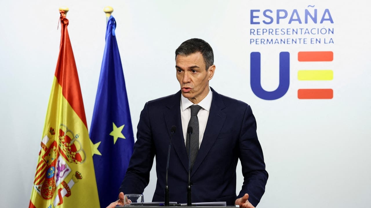  Spanish Prime Minister Pedro Sanchez speaks during a press conference after attending a special summit of European Union leaders to discuss transatlantic relations following U.S. President Donald Trump's threats to impose new tariffs on goods from a list of EU countries over his demands