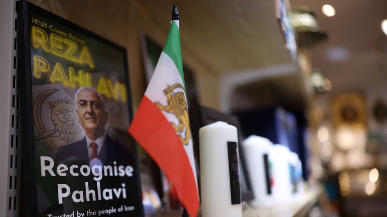 A sign in support of Reza Pahlavi, the exiled son of Iran's last shah, is displayed in a Persian household shop in North Finchley, in London, March 3, 2026.