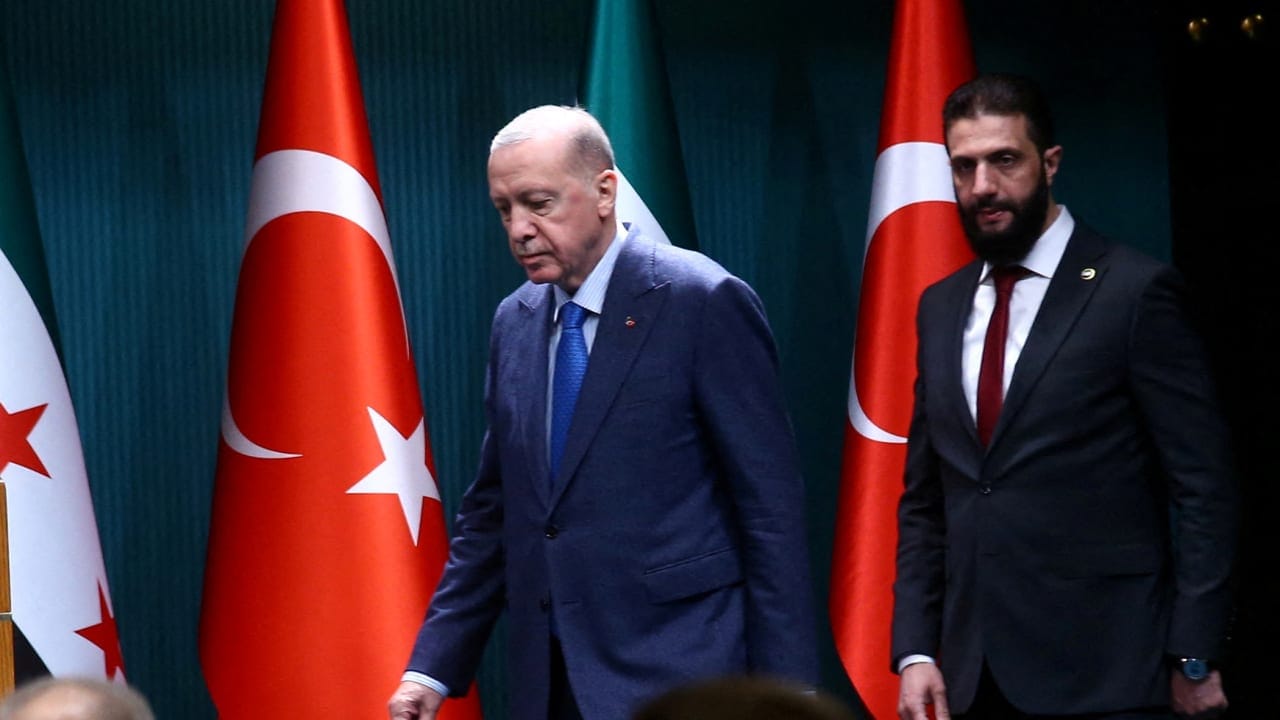 Turkish President Recep Tayyip Erdogan and Syrian President Ahmed al-Sharaa attend a press conference at joint press conference at the Presidential Palace in Ankara, Turkey, February 4, 2025; illustrative.