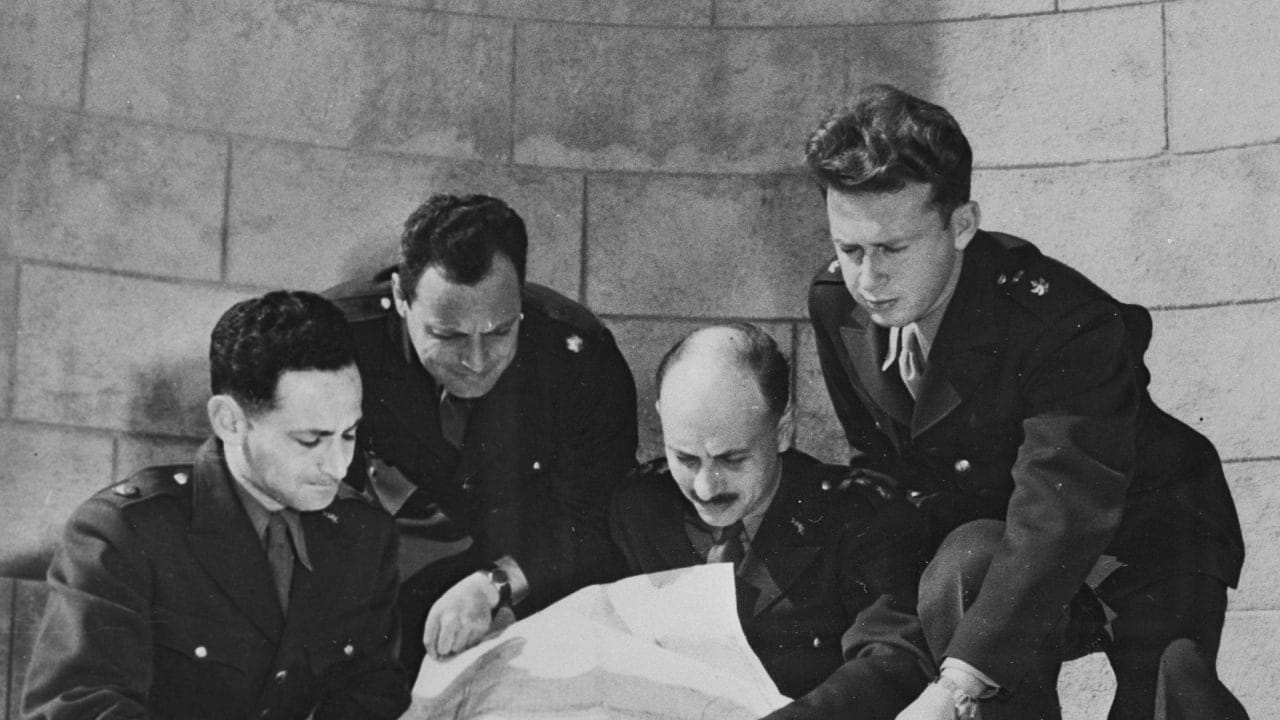 Happy Birthday to: Yigael Yadin (3rd R), Israeli delegation member to armistice  talks in Rhodes, 1949, with Yitzhak Rabin {R);