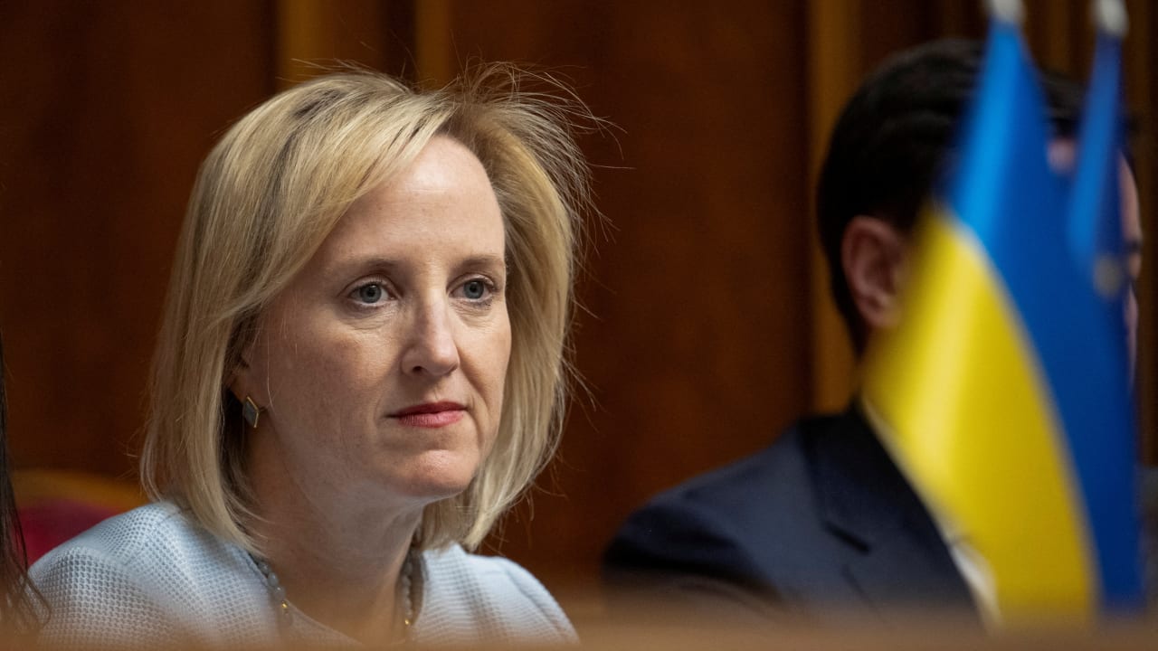 FILE PHOTO: Julie Davis, U.S. Chargé d'Affaires ad interim to Ukraine, attends a session of Ukrainian parliament during a ratification of the deal with the United States about mineral resources, amid Russia's attack on Ukraine, in Kyiv, Ukraine May 8, 2025.